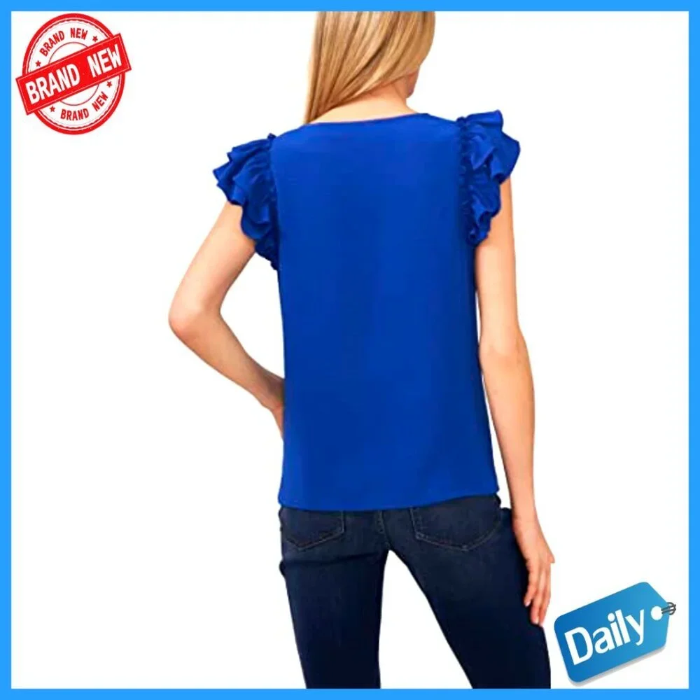 Double Ruffle Button Front Blouse XL Polyester V-Neck Short Sleeve